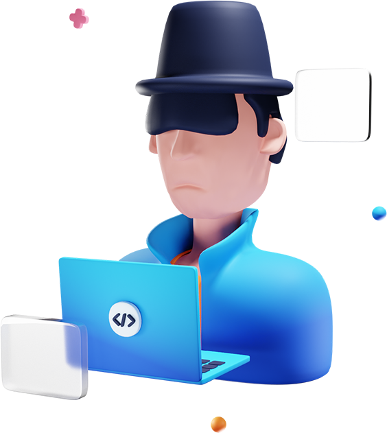 3D illustration of a hooded hacker coding on a laptop