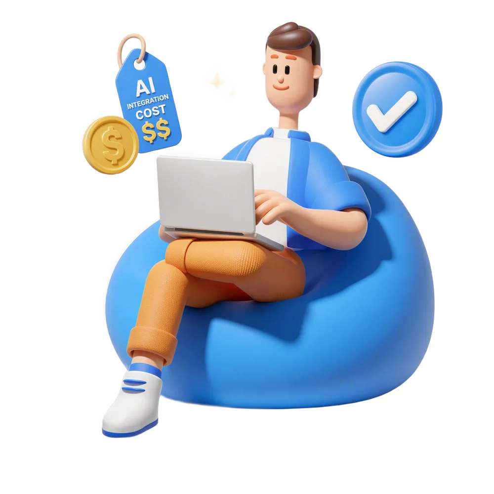 AI integration cost and value in Bahrain — 3D character with a laptop and price tag