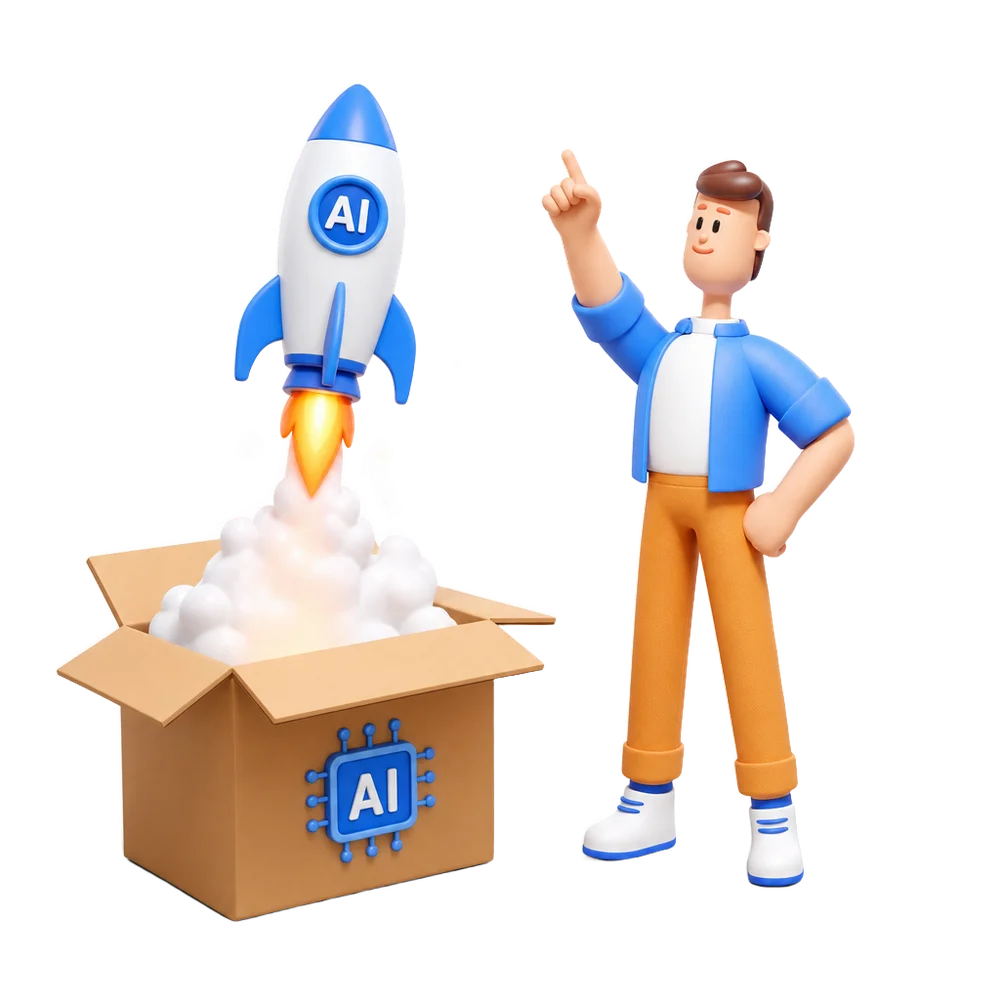 Custom AI integrations built and launched for your business in Bahrain — 3D character with an AI rocket