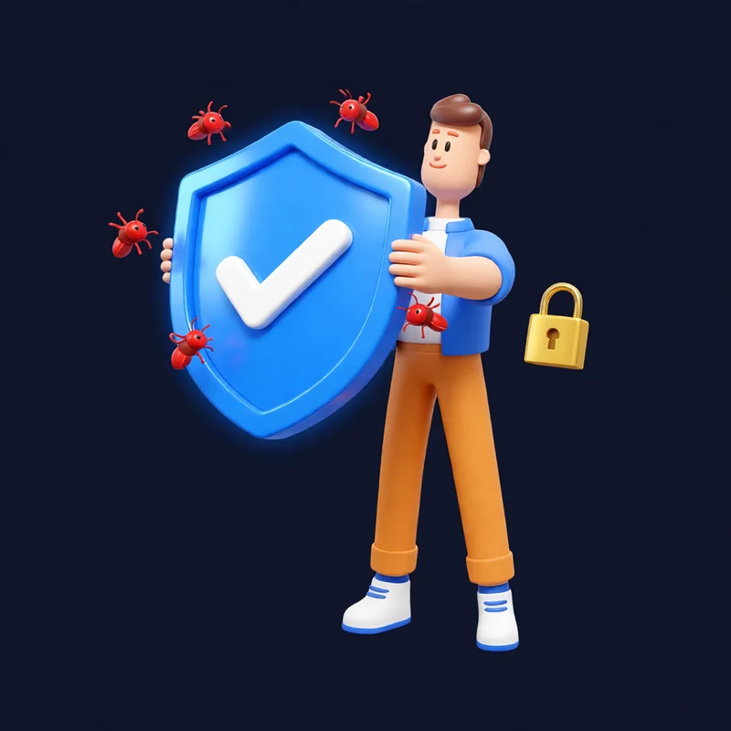 XS4Arabia 3D character blocking malware bugs with a security shield — cybersecurity for businesses in Bahrain