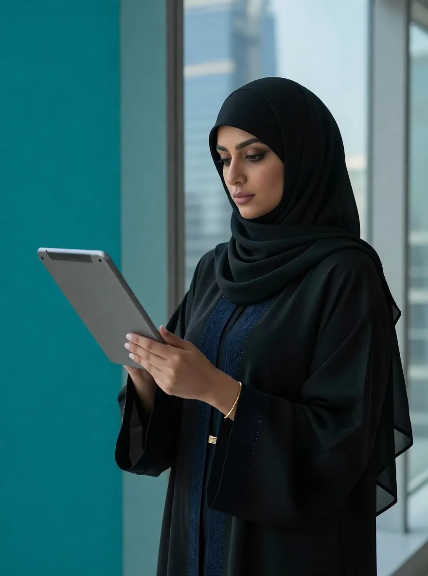 IT consultant reviewing a tablet beside an office window in Seef, Bahrain