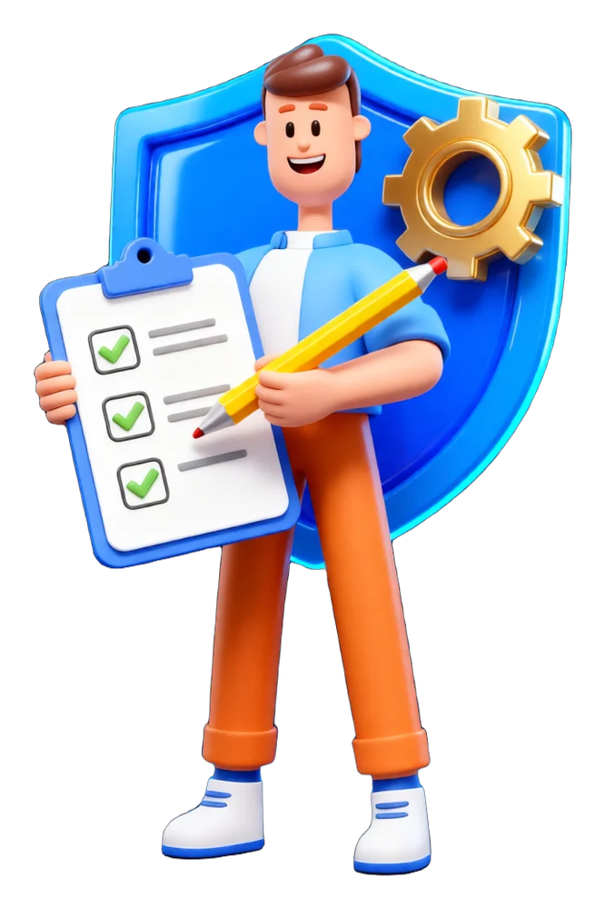 XS4Arabia 3D character ticking a checklist with a security shield and gear — business process automation best practices