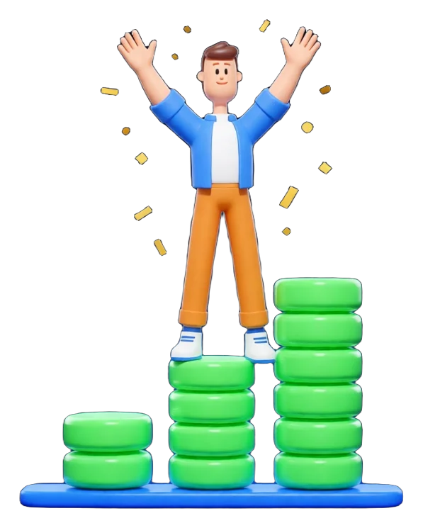 XS4Arabia 3D character celebrating on a rising chart of chat messages — WhatsApp automation that grows sales in Bahrain