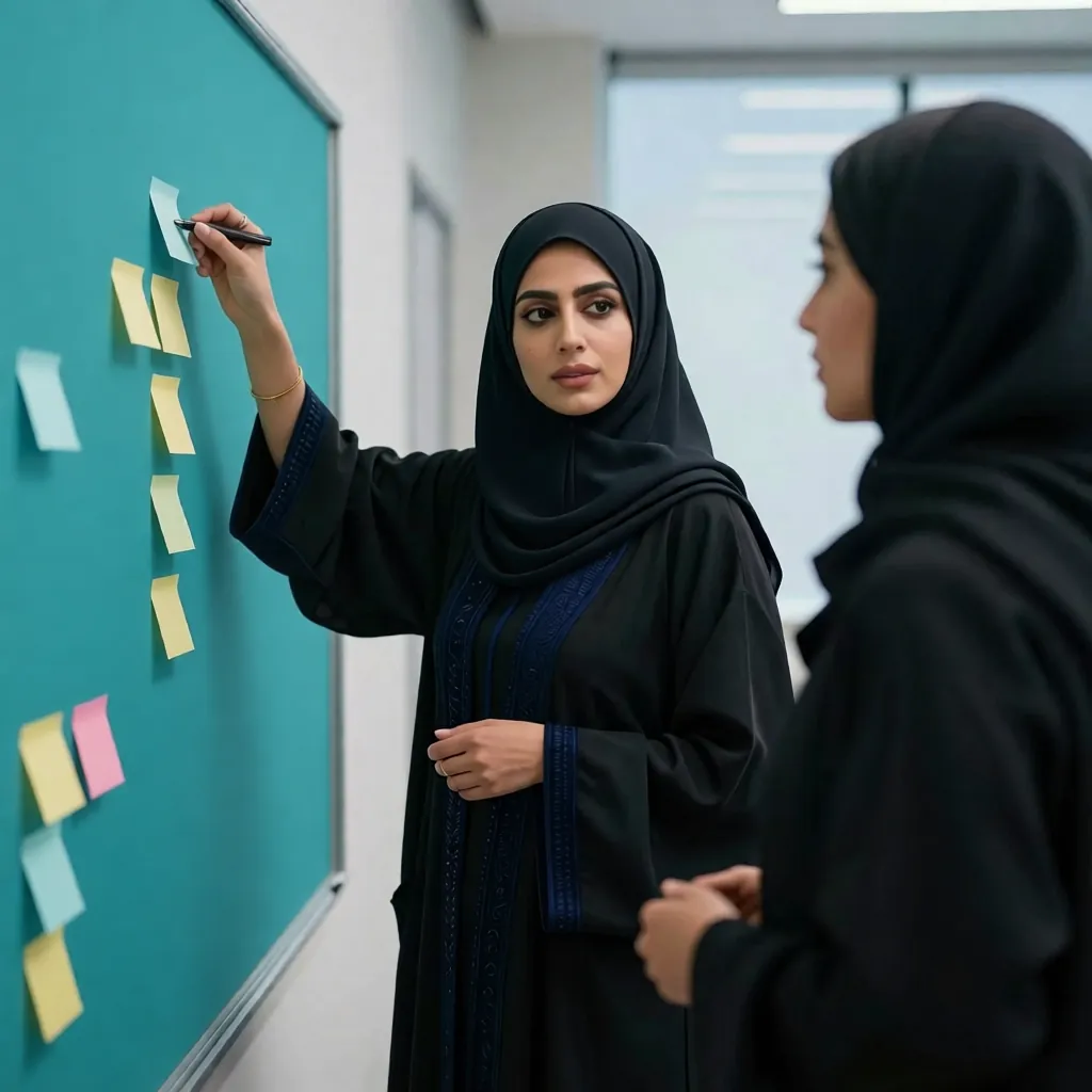 Consultant mapping project steps on a glass board with a client in Bahrain