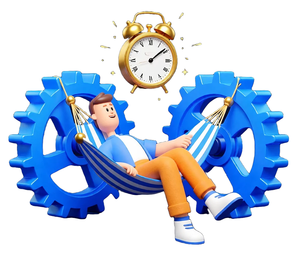 XS4Arabia 3D character relaxing in a hammock between gears — business process automation gives your team hours back in Bahrain
