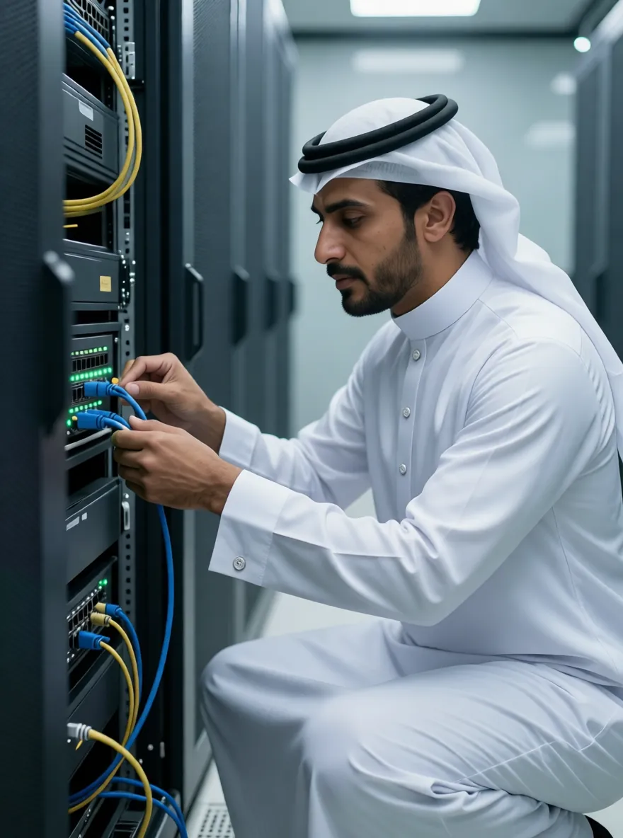 Engineer connecting fibre cables in a server rack at a Bahrain data centre