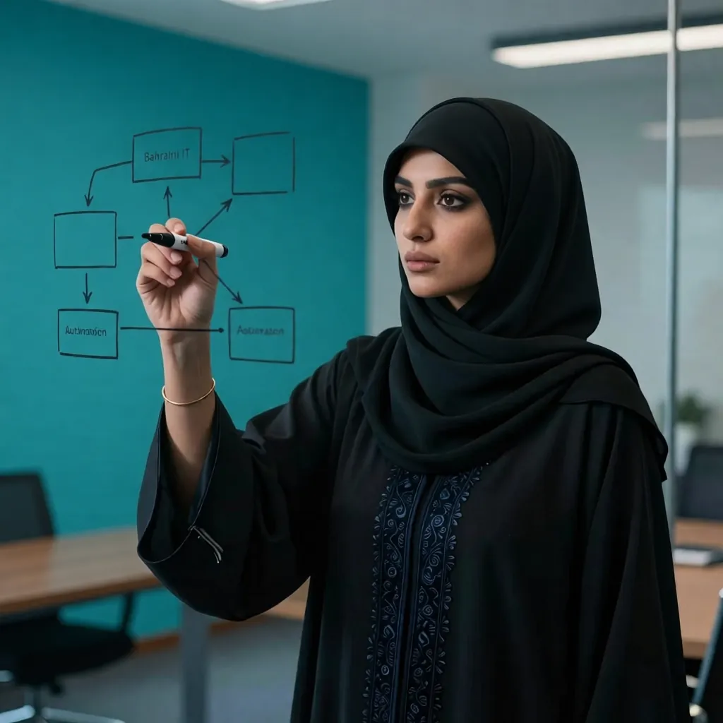 Consultant mapping an AI automation workflow on a glass board in Bahrain