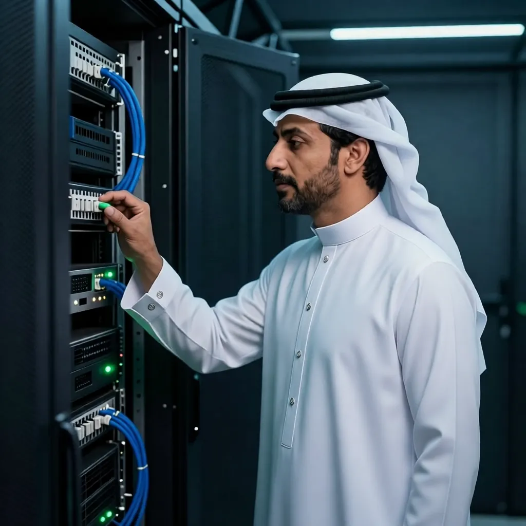 IT engineer inspecting a Linux server rack in a Manama server room, Bahrain