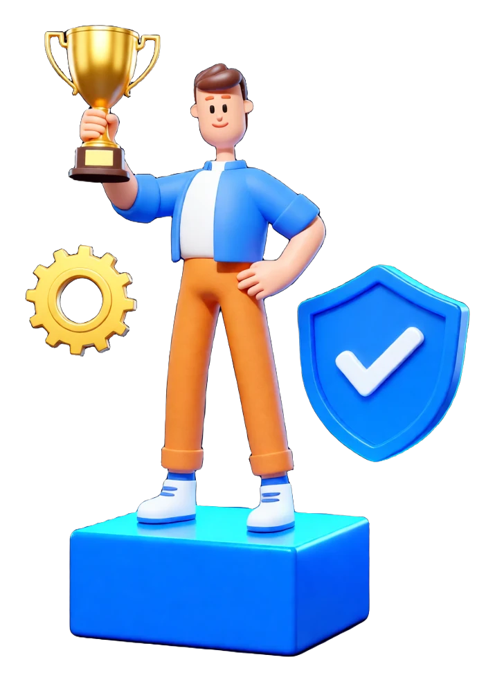 XS4Arabia 3D character on a winner's podium holding a gold trophy with a security shield — what sets XS4Arabia apart