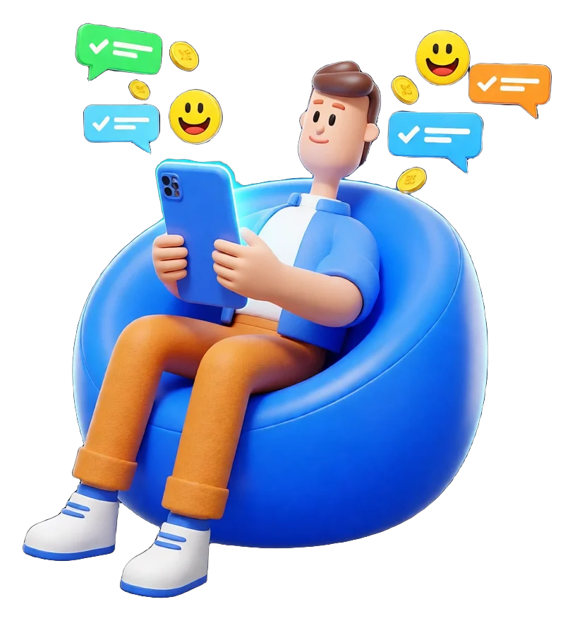 XS4Arabia 3D character relaxing with a smartphone as chat messages turn into happy customers and revenue — AI assistants for businesses in Bahrain