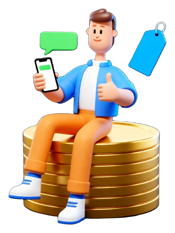 XS4Arabia 3D character sitting on gold coins with a phone and a price tag — WhatsApp automation cost in Bahrain