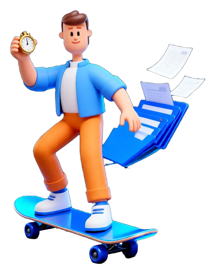 XS4Arabia 3D character on a skateboard with a stopwatch as documents file themselves — automation that saves hours in Bahrain