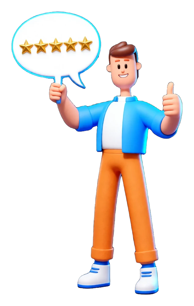 XS4Arabia 3D character giving a thumbs up with a five-star review bubble — customer reviews for managed IT in Bahrain