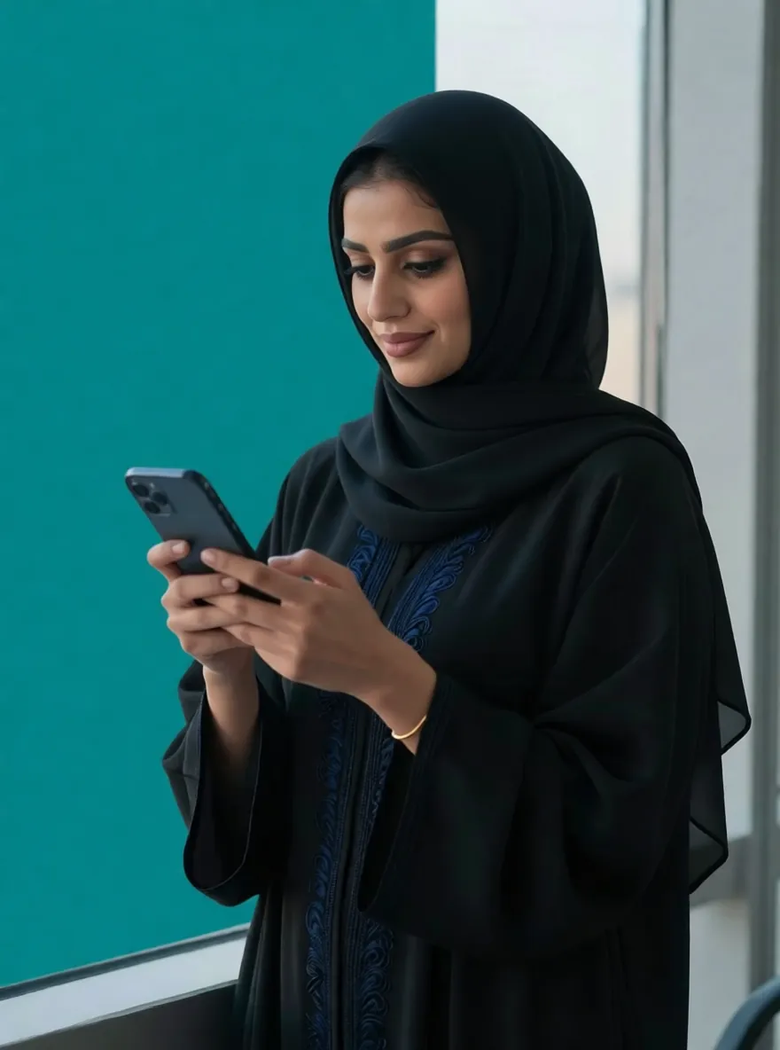 Business owner checking her phone by an office window in Seef, Bahrain