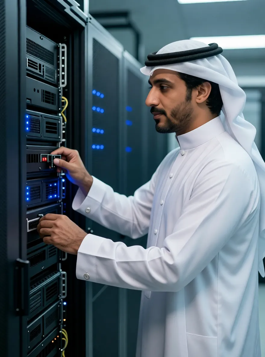 Engineer installing a Linux server in a Bahrain data centre rack
