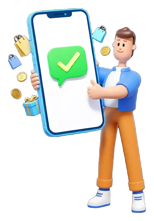 XS4Arabia 3D character holding a giant phone with a chat message as shopping bags, gifts and coins pop out — WhatsApp as a sales channel in Bahrain