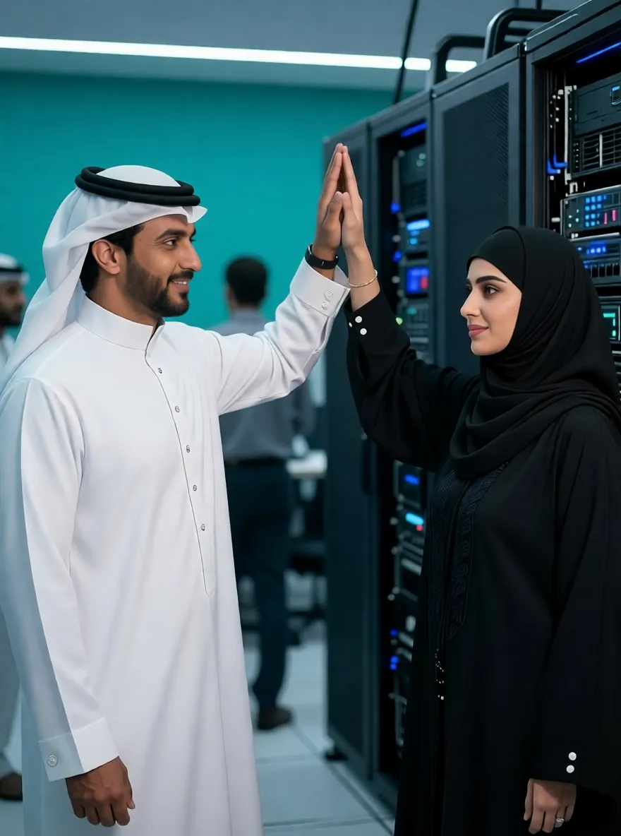 IT team celebrating a successful system go-live in a Manama office