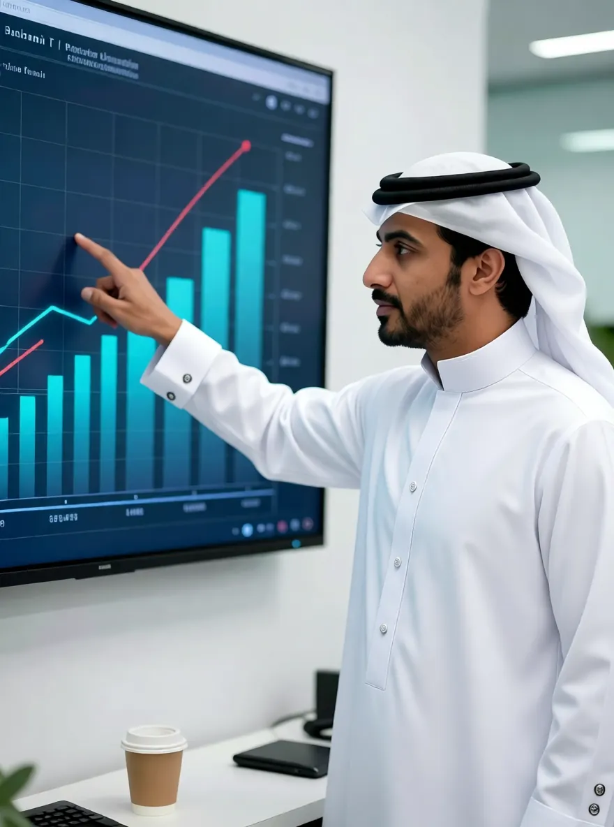 Marketing specialist pointing at growth charts on a wall screen in Bahrain