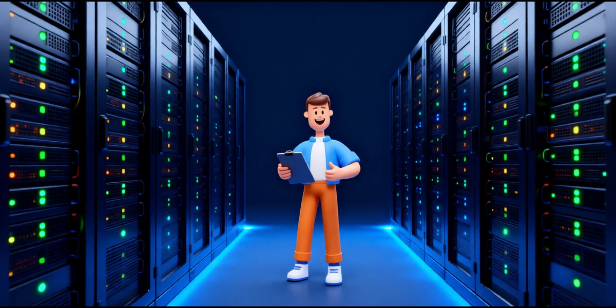 XS4Arabia 3D character walking through a data center aisle of server racks — secure hosting in Bahrain