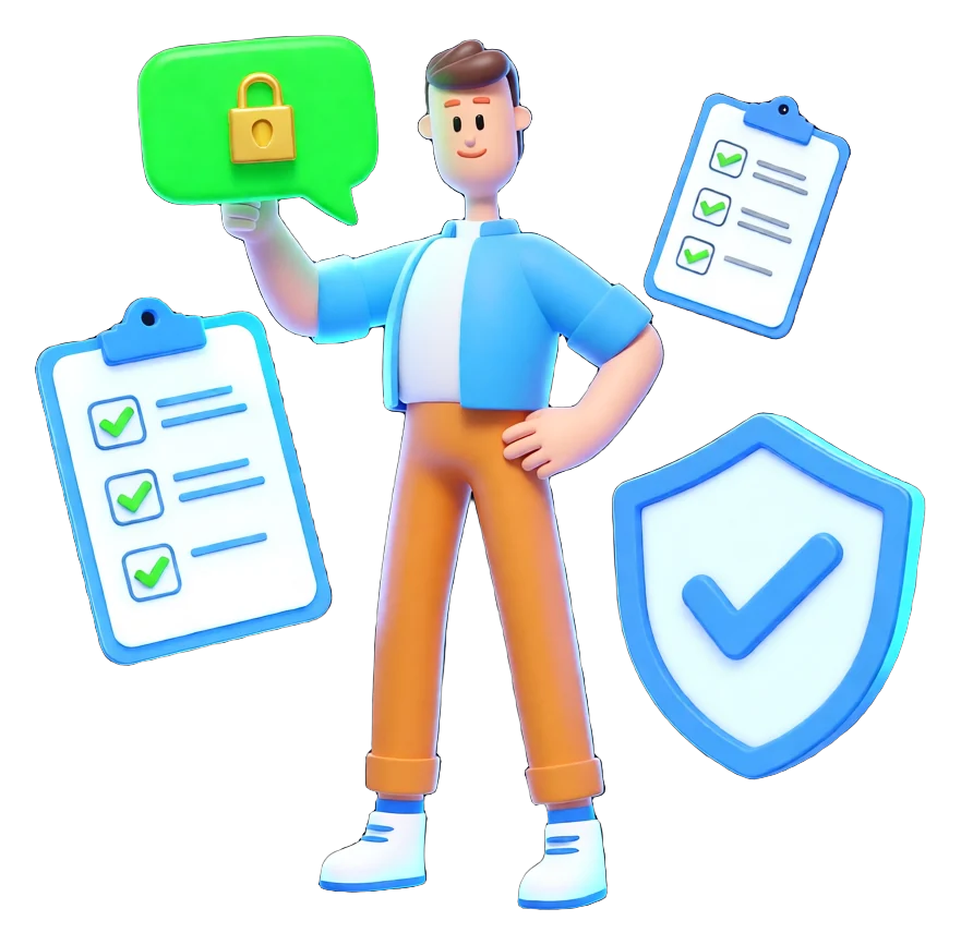 XS4Arabia 3D character holding a secure locked chat message with a shield and checklists — WhatsApp automation best practices