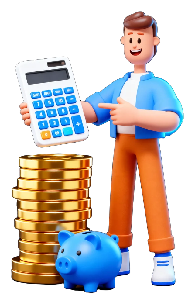 XS4Arabia 3D character with a calculator, gold coins and a piggy bank — business process automation cost in Bahrain