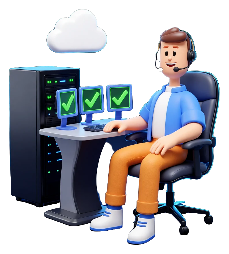 XS4Arabia 3D character at a support desk with a headset, monitors showing green checkmarks, a server rack and cloud — managed IT solutions in Bahrain