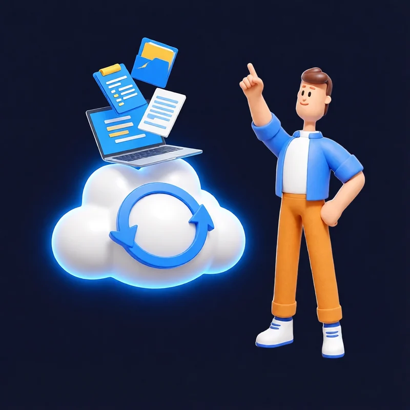 XS4Arabia 3D character backing up files from a laptop to the cloud — remote backup services in Bahrain