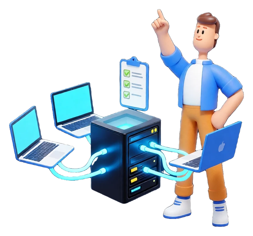 XS4Arabia 3D character — workgroup server connecting team computers in Bahrain