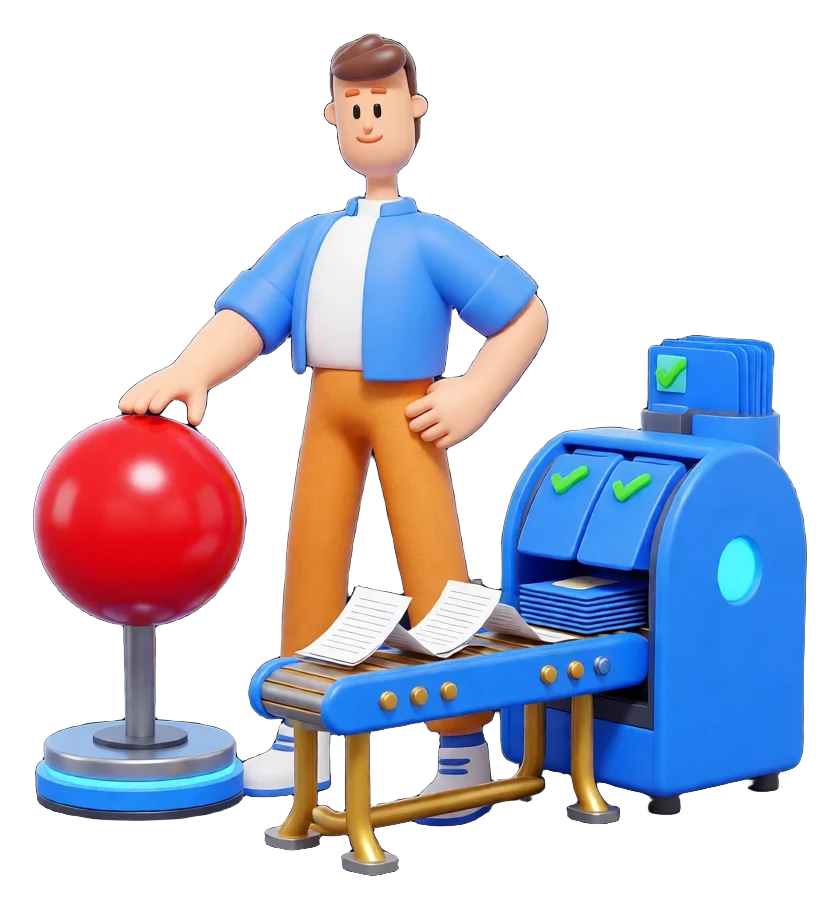 XS4Arabia 3D character starting an automation machine that turns paperwork into organised approved folders — how business automation works